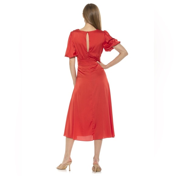Alexia Admor Red Satin Puff Sleeve Midi V Neck Slit Dress Size 6 - Picture 3 of 8